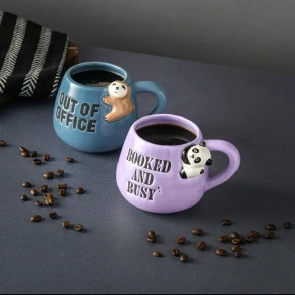 PAIR OF STONEWARE COFFEE MUGS SLOTH AND PANDA OFFICE GIFT MUG - Picture 6 of 6